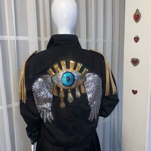 Black and Gold Utility Jacket with Artistic Back Design